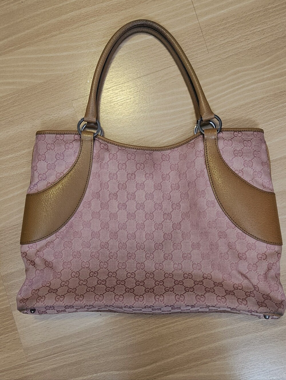 GUCCI Light Pink GG Monogram Shoulder Tote Bag with Tan Leather 💖